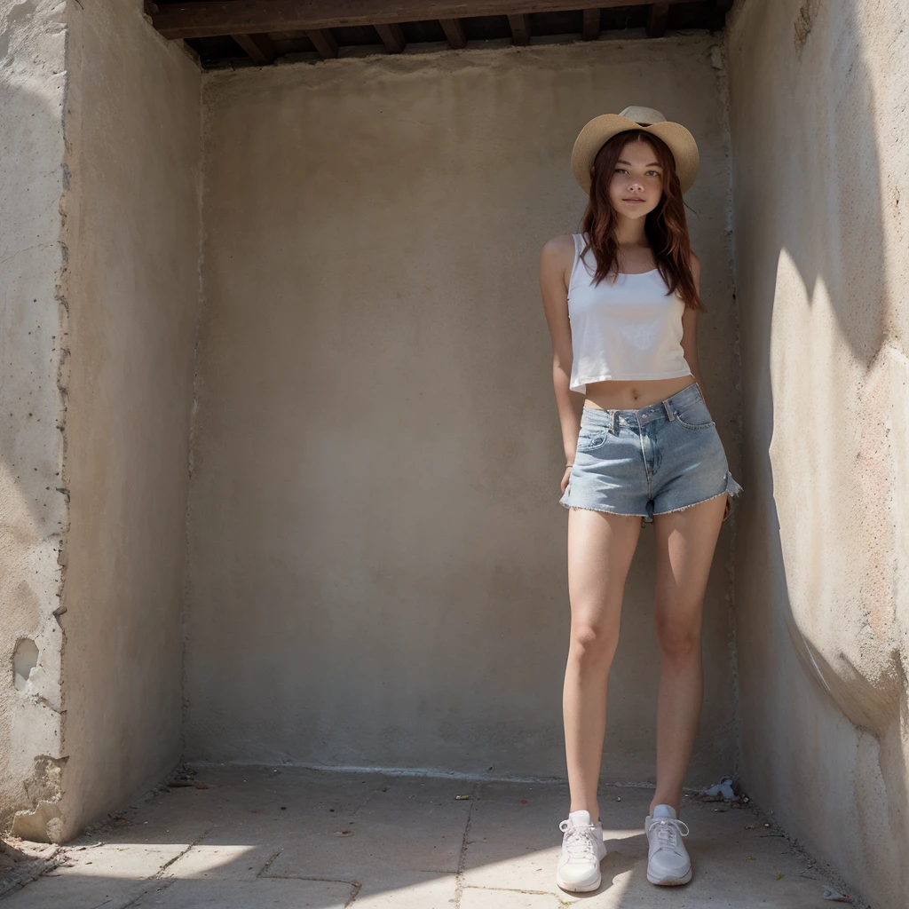 18-year-old girl similar to Chloë Grace Moretz, smiling, waist-length red hair, disheveled and disheveled, wears white fedora hat, long, loose white sleeveless blouse, blue miniskirt, tennis shoes, no socks, tight clothing, poses on ruins, Probably part of a pre-Hispanic construction, it is completely exposed to the sun without any shade. intense direct sunlight lighting, super realistic, clear sky, perfect body, correct proportions and perspectives, masterpiece, realistic photo, natural lighting direct sunlight, outdoors