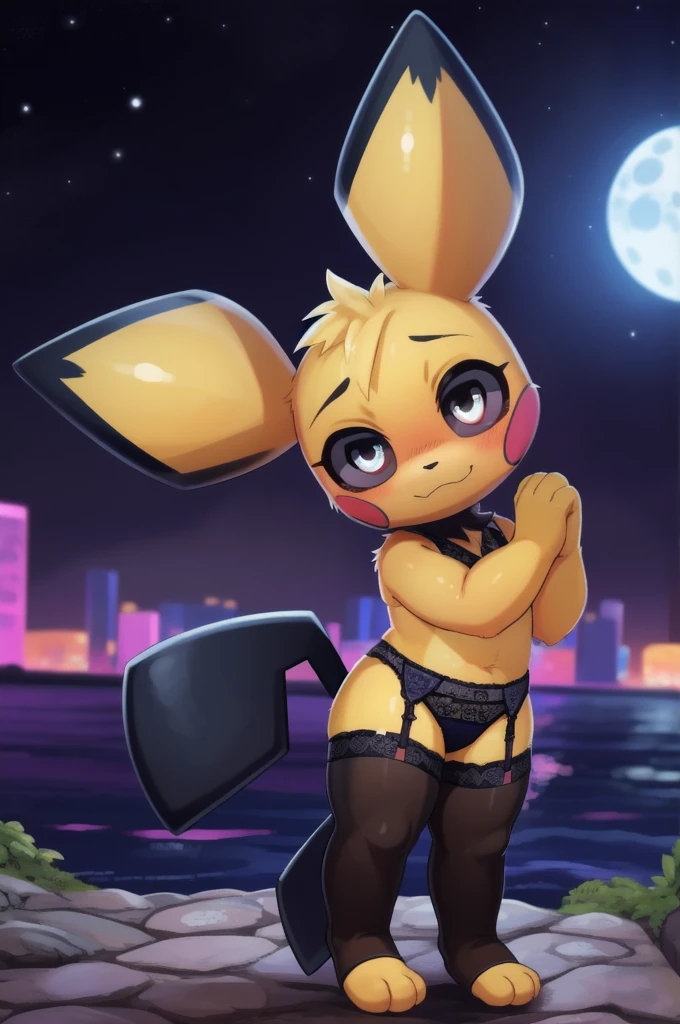 kemono, chibi art by dagasi, (toddler:1.1), beautiful girl, Uploaded to e621.net, fox girl, (Pixelsketcher), (wamudraws), (masterpiece), (HD), (high res), (feet visible), (furry anthro), (detailed fur), (detailed shading), (beautiful render art), anthro Pichu, black eyes, glowing eyes, neon eyes, (toddler Pichu), furry, (yellow fur), Pichu ears, [(slim figure, flat chest, skinny)], (curvy hips), (beautiful legs), spectral color, (wearing lace lingerie, beautiful and detailed light grey lace lingerie, Victoria's secrets lingerie, garter belt and matching stockings), (really dark night:1.5), [zero lighting], northern lights in the background, looking at the viewer with longing, full face blush, heavy breath, shy expression eyes, Pichu, opening her legs to seduce the viewer
