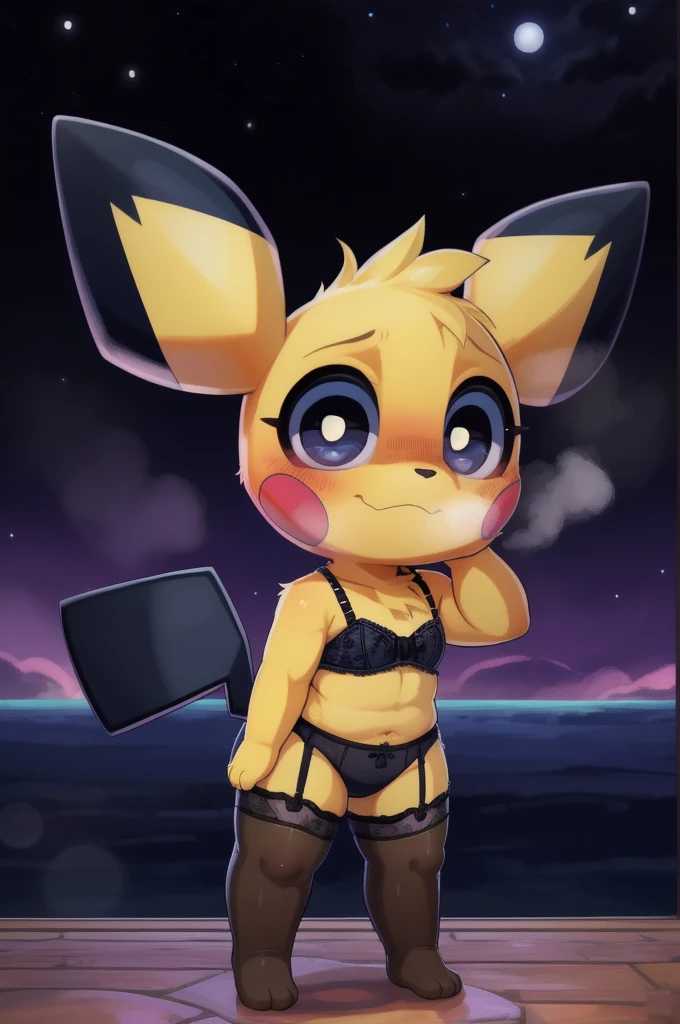 kemono, chibi art by dagasi, (toddler:1.1), beautiful girl, Uploaded to e621.net, fox girl, (Pixelsketcher), (wamudraws), (masterpiece), (HD), (high res), (feet visible), (furry anthro), (detailed fur), (detailed shading), (beautiful render art), anthro Pichu, black eyes, glowing eyes, neon eyes, (toddler Pichu), furry, (yellow fur), Pichu ears, [(slim figure, flat chest, skinny)], (curvy hips), (beautiful legs), spectral color, (wearing lace lingerie, beautiful and detailed light grey lace lingerie, Victoria's secrets lingerie, garter belt and matching stockings), (really dark night:1.5), [zero lighting], northern lights in the background, looking at the viewer with longing, full face blush, heavy breath, shy expression eyes, Pichu, opening her legs to seduce the viewer
