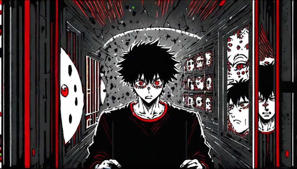 Make a 26 year old guy straight black hair neat, hypnotized looking at the cell phone screen and also make this image with black and red details 