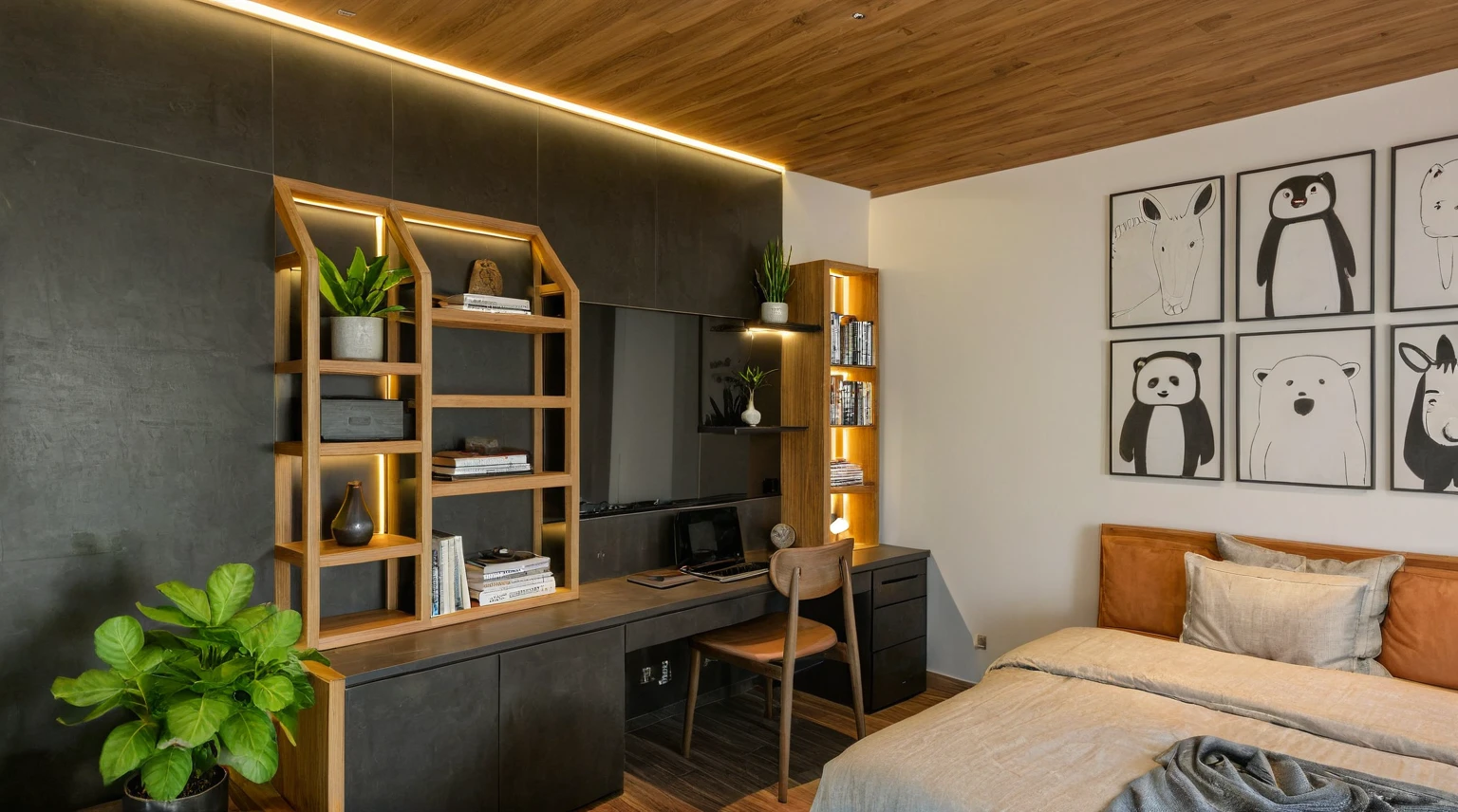 Raw photo, Masterpiece, high quality, best quality, authentic, super detail, interior, indoors,  style modern, minimalist line, wooden, oak wood, LED light, white paint wall, LIVING ROOM, PEN HOUSE, bedroom, wooden window, japan style, wasabi style, Jen style, steel stair, glass railing, paint wall decor, bookshelf, livingroom, 