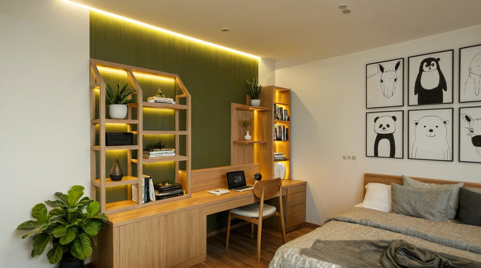 Raw photo, Masterpiece, high quality, best quality, authentic, super detail, interior, indoors, style modern, minimalist line, wooden, oak wood, LED light, white paint wall, LIVING ROOM, PEN HOUSE, bedroom, wooden window, japan style, wasabi style, Jen style, steel stair, glass railing, paint wall decor, bookshelf, livingroom,