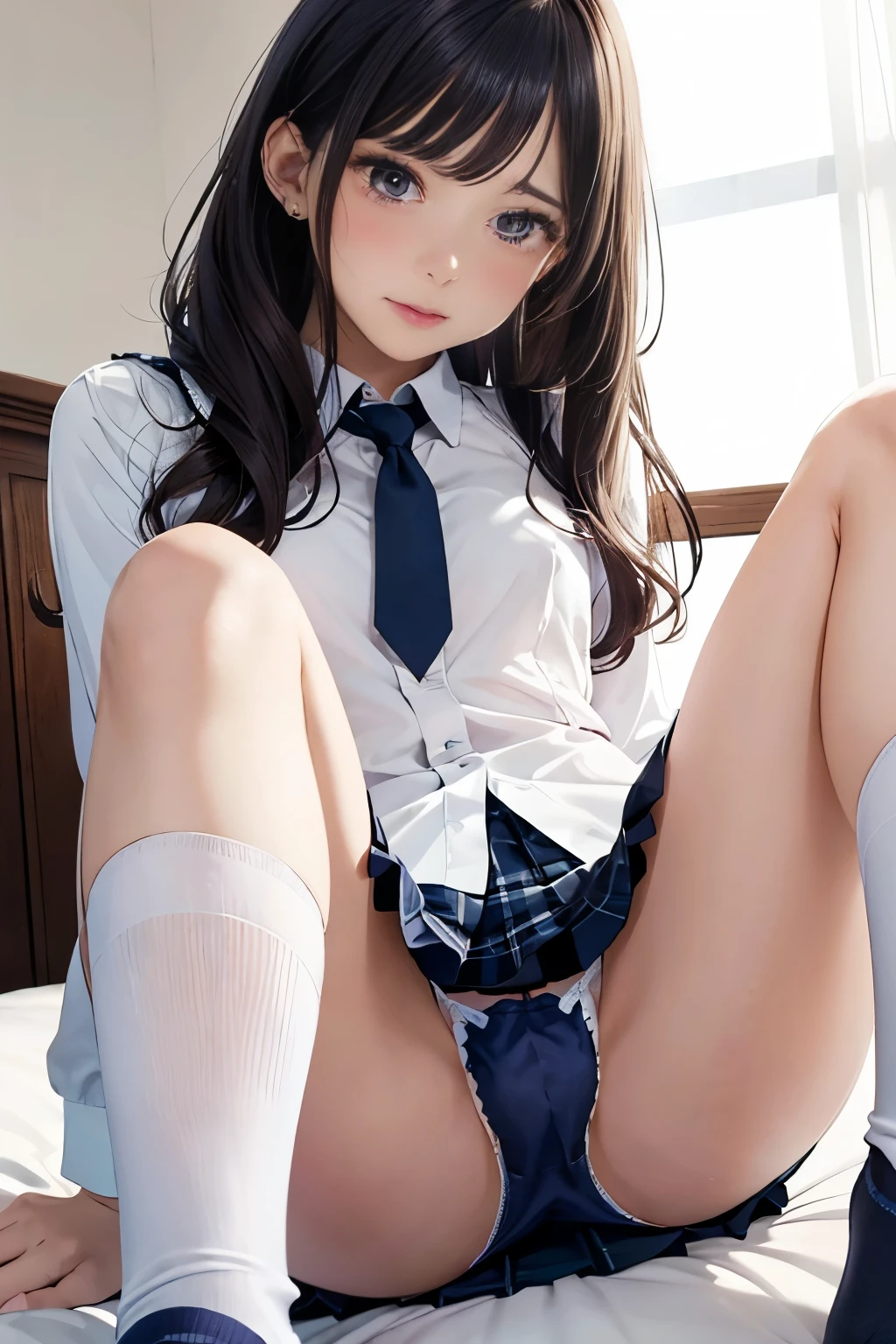 Photorealism、Highest quality、Ultra-high resolution、Browsing Caution、38 years old、((Woman in uniform sitting on bed))、((Spread your legs out to the side:1.5))、Sit with your knees bent and your legs apart、((Woman showing panties:1.5))、A sexy look for the camera、((Blonde))、((Very thin and small panties))、((Crotch close-up:1.8))、Pink Shirt、Dark blue tartan check pleated skirt、Dark blue socks、A cute and beautiful face down to the last detail、(Purelos Face_v1:0.008)、Brown eyes、eyeliner、blush、Embarrassing、Glare、 Glossy Lips: 1.4,  impatience、It was scary、Glare、blush、はAre crying、Are crying、Open your knees、Spread your legs、Disheveled clothes、dressing、Medium Long Hair,In the bedroom、((Anatomically Accurate human body、Perfect Arms、Perfect hands、Perfect Fingers、Perfect Legs、Accurate human body))、(View angle from below:1.5)、((Emphasis on panties、Panty Shot))