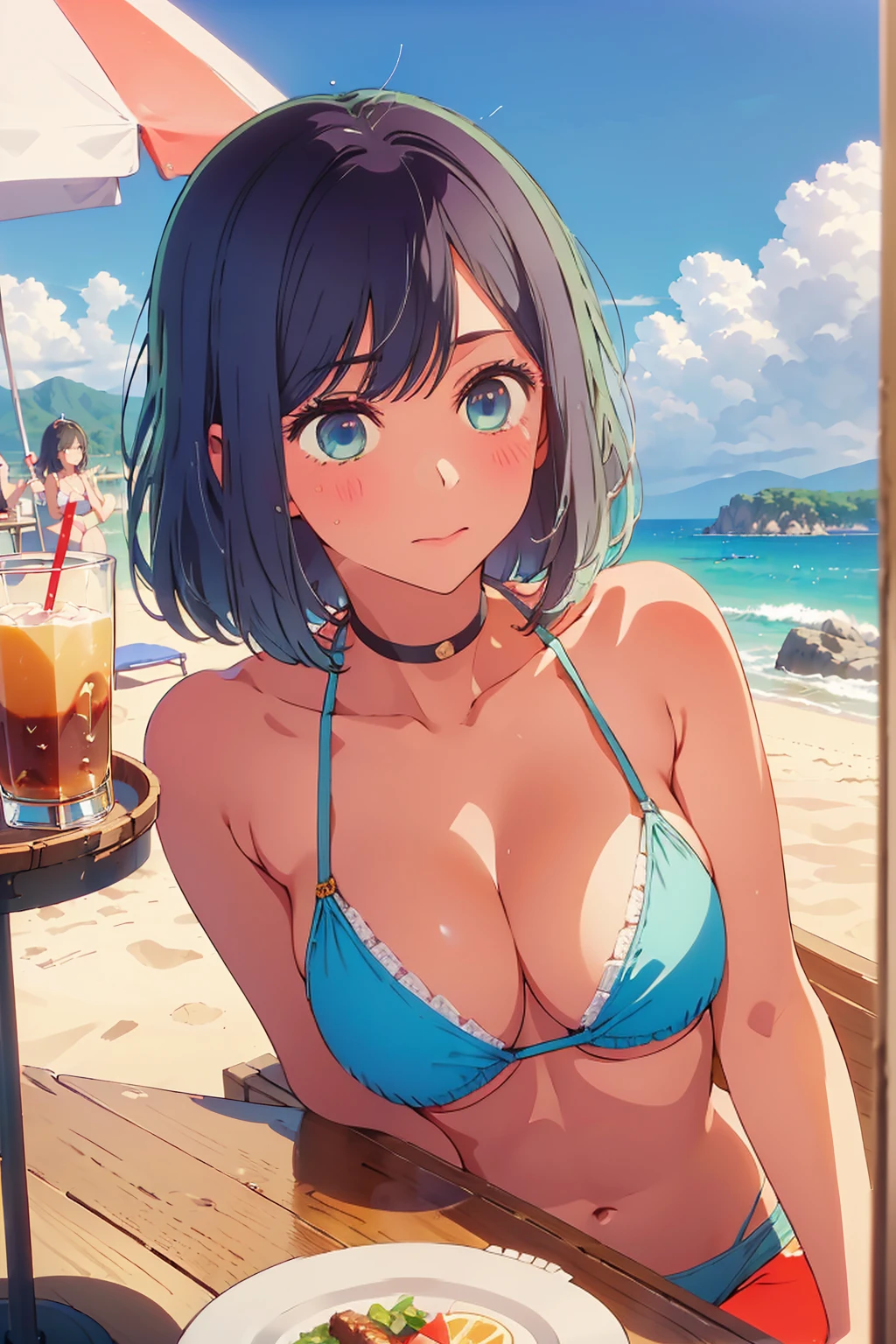 (Highest quality:1.4、masterpiece:1.4、Super detailed:1.4、8K:1.4)、((((1 person、Surprised expression、sit、Outdoor café terrace、coastal、juice、table、Sandy Beach、juiceのグラスを持つ、Plain Bikini、The depth of the written world、Very soft boobs、Big eyes、Very cute face))))、F cup bust、Medium breast、Underboob、Sideboob