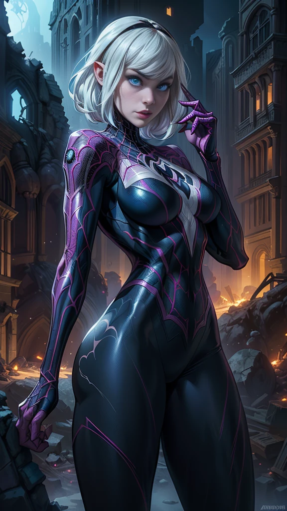 Spider -gwen standing in a city at night, araña-gwen, araña - gwen, (spider gwen:1.4) , (Gwen Stacy:1.4) ,,(Ruined dungeon ruins background:1.4 ), in the Artgerm Style, Artgerm Style, Artgerm Style, graphic artist artgerm, Betty Cooper, comic artgerm, in artgerm style, as seen on artgerm, Epic Fantasy Art Style HD, 4K fantasy art, epic fantasy digital art style, epic fantasy art style, Fantasy Woman, epic fantasy art portrait, Epic fantasy style, hyperrealistic fantasy art, hd fantasy art, Epic fantasy character art, epic fantasy art, in style of dark fantasy art, epic fantasy digital art, (perfect ??????? :1.4),( cinematic lighting :1.4), (uniform lasts white), More detailed 8K.unreal engine:1.4,UHD,La Best Quality:1.4, photorealistic:1.4, skin texture:1.4, Masterpiece:1.8,first work, Best Quality,object object], (detailed face features:1.3),(The correct proportions),(Beautiful blue eyes),  (cowboy pose)