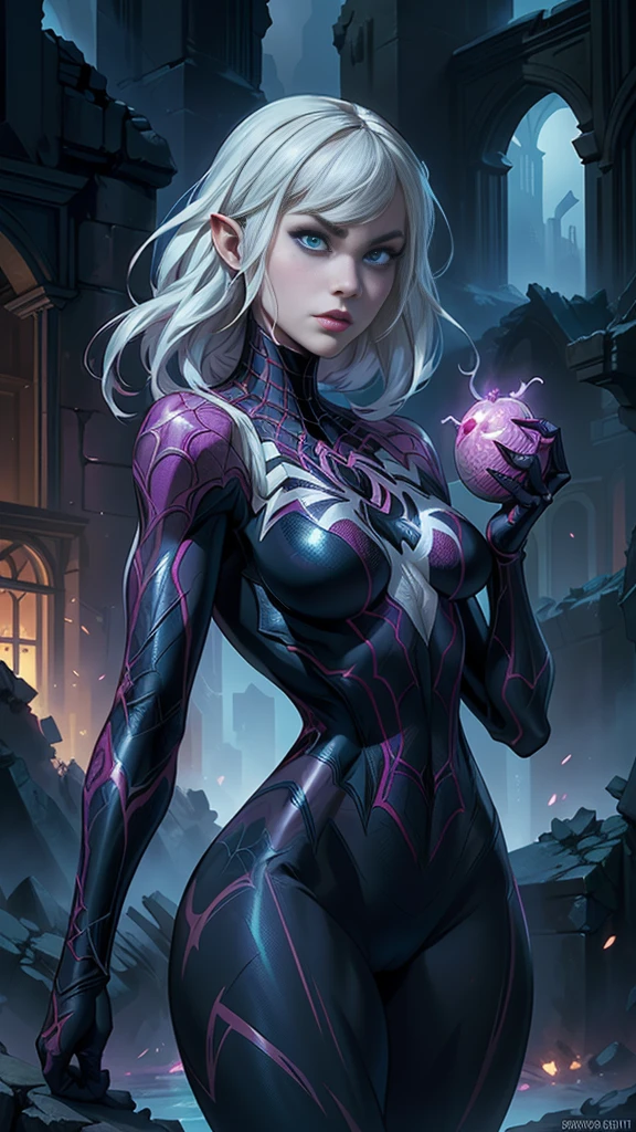 Spider -gwen standing in a city at night, araña-gwen, araña - gwen, (spider gwen:1.4) , (Gwen Stacy:1.4) ,,(Ruined dungeon ruins background:1.4 ), in the Artgerm Style, Artgerm Style, Artgerm Style, graphic artist artgerm, Betty Cooper, comic artgerm, in artgerm style, as seen on artgerm, Epic Fantasy Art Style HD, 4K fantasy art, epic fantasy digital art style, epic fantasy art style, Fantasy Woman, epic fantasy art portrait, Epic fantasy style, hyperrealistic fantasy art, hd fantasy art, Epic fantasy character art, epic fantasy art, in style of dark fantasy art, epic fantasy digital art, (perfect anatomy :1.4),( cinematic lighting :1.4), (uniform lasts white), More detailed 8K.unreal engine:1.4,UHD,La Best Quality:1.4, photorealistic:1.4, skin texture:1.4, Masterpiece:1.8,first work, Best Quality,object object], (detailed face features:1.3),(The correct proportions),(Beautiful blue eyes),  (cowboy pose)
