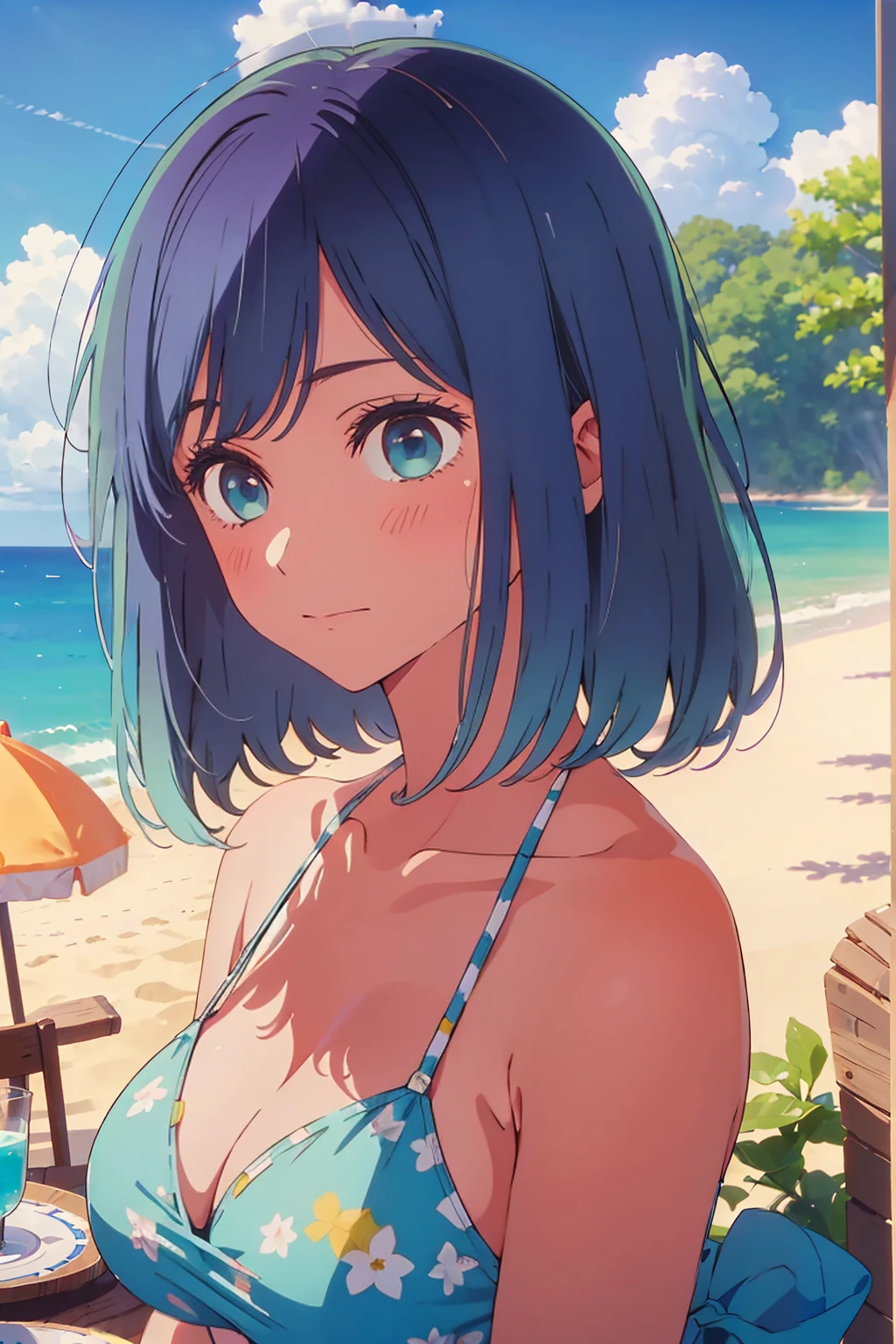 (Highest quality:1.4、masterpiece:1.4、Super detailed:1.4、8K:1.4)、((((1 person、Surprised expression、sit、Outdoor café terrace、coastal、juice、table、Sandy Beach、juiceのグラスを持つ、Plain Bikini、The depth of the written world、Very soft boobs、Big eyes、Very cute face))))、F cup bust、Medium breast