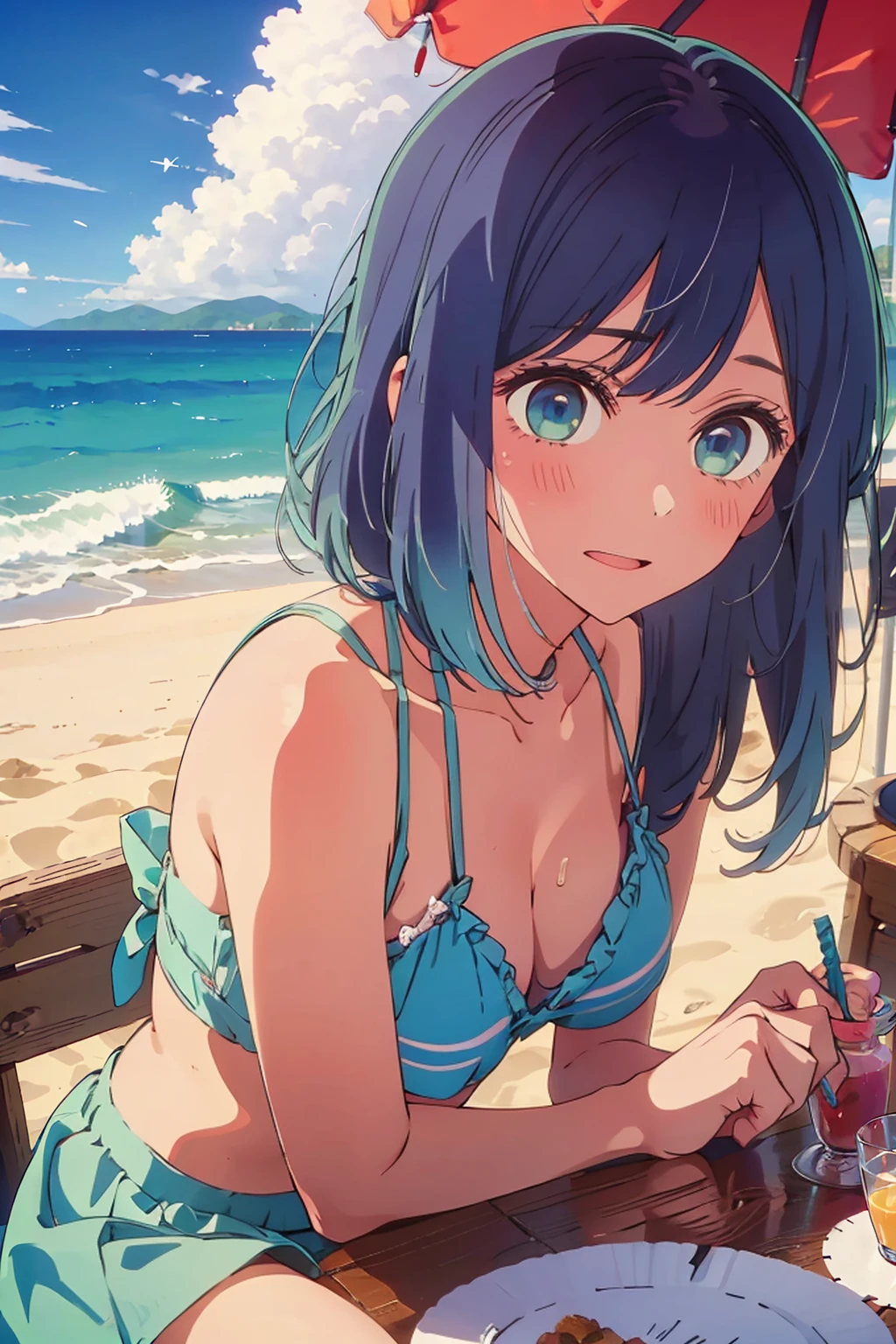 (Highest quality:1.4、masterpiece:1.4、Super detailed:1.4、8K:1.4)、((((1 person、Surprised expression、sit、Outdoor café terrace、coastal、juice、table、Sandy Beach、juiceのグラスを持つ、Plain Bikini、The depth of the written world、Very soft boobs、Big eyes、Very cute face))))、F cup bust、Medium breast