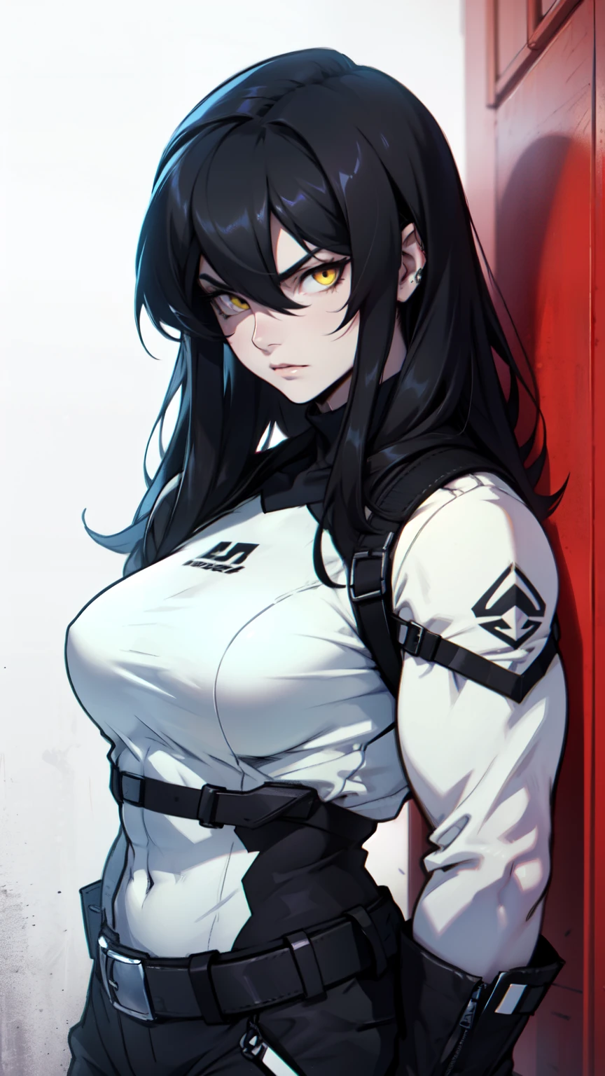 pale girl muscular girl black hair yellow eyes serious