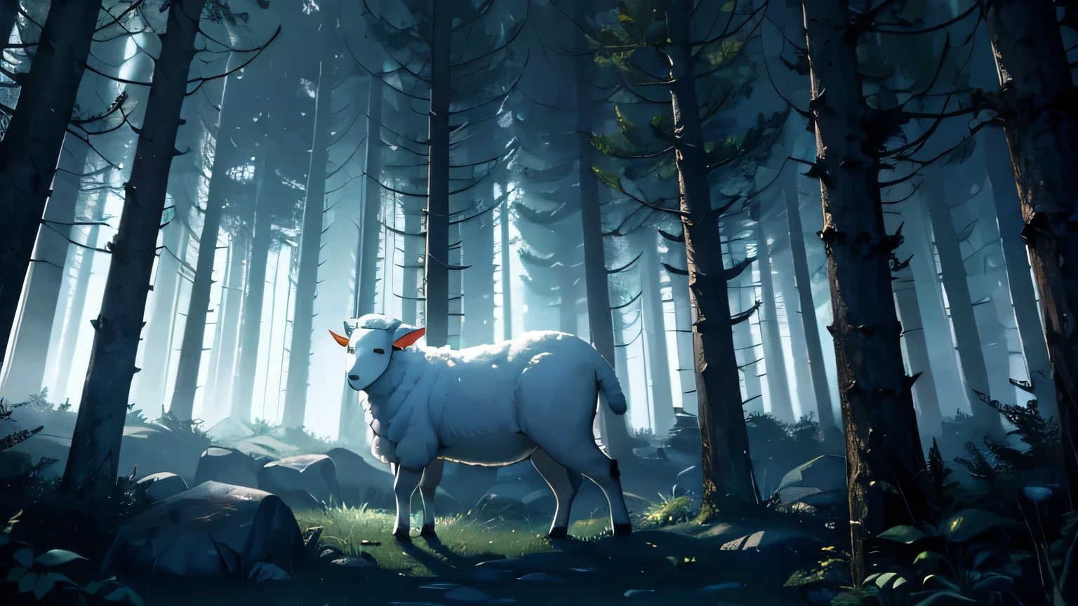 WHITE SHEEP In a dark and mysterious DENSE forest at night, changing lighting, hyper-realistic, cinematic lighting, lost in the forest