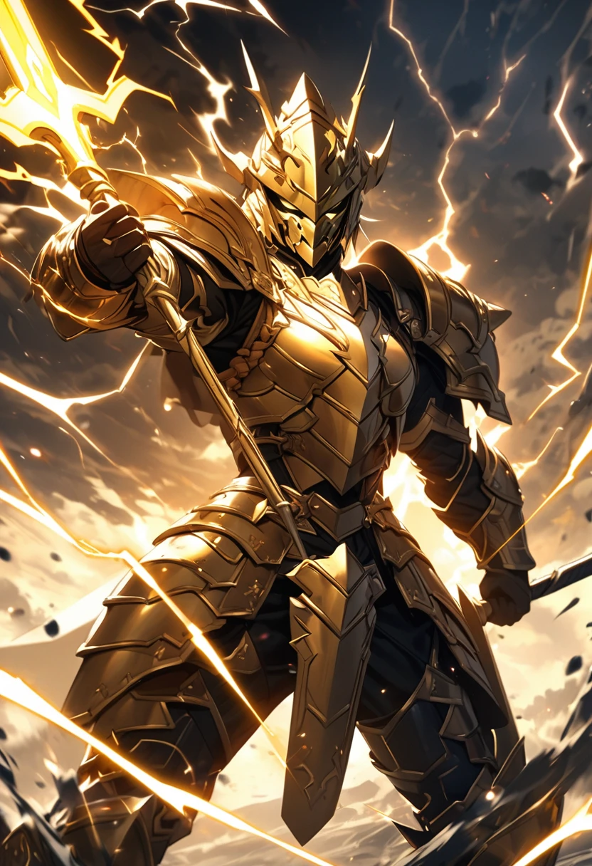 an extremely detailed 4k of a warrior clad in heavy scale armor made of lightning with electricity sparking behind the warrior, wielding a yellow lightning steel staff