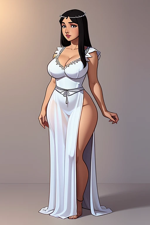 Hestia, Greek goddess, A simple and modest woman, with a serene and calm appearance. Geralmente, she is pictured wearing a transparent white dress, standing, long black hair, expressive, brown eyes, your body is curvy