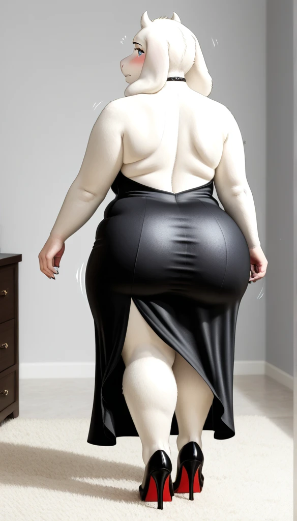 1 girl, furry, Toriel Dremurr, bedroom, fat ass, wide hips, curvy, slightly chubby, tall, full body, voluptuos, masterpiece, ultra high quality, detailed hands, detailed body, detailed face, heels, blushed, shy, mature female, tight dress, detailed fur, toon artstyle, black dress, back view, twerking, shaking his ass