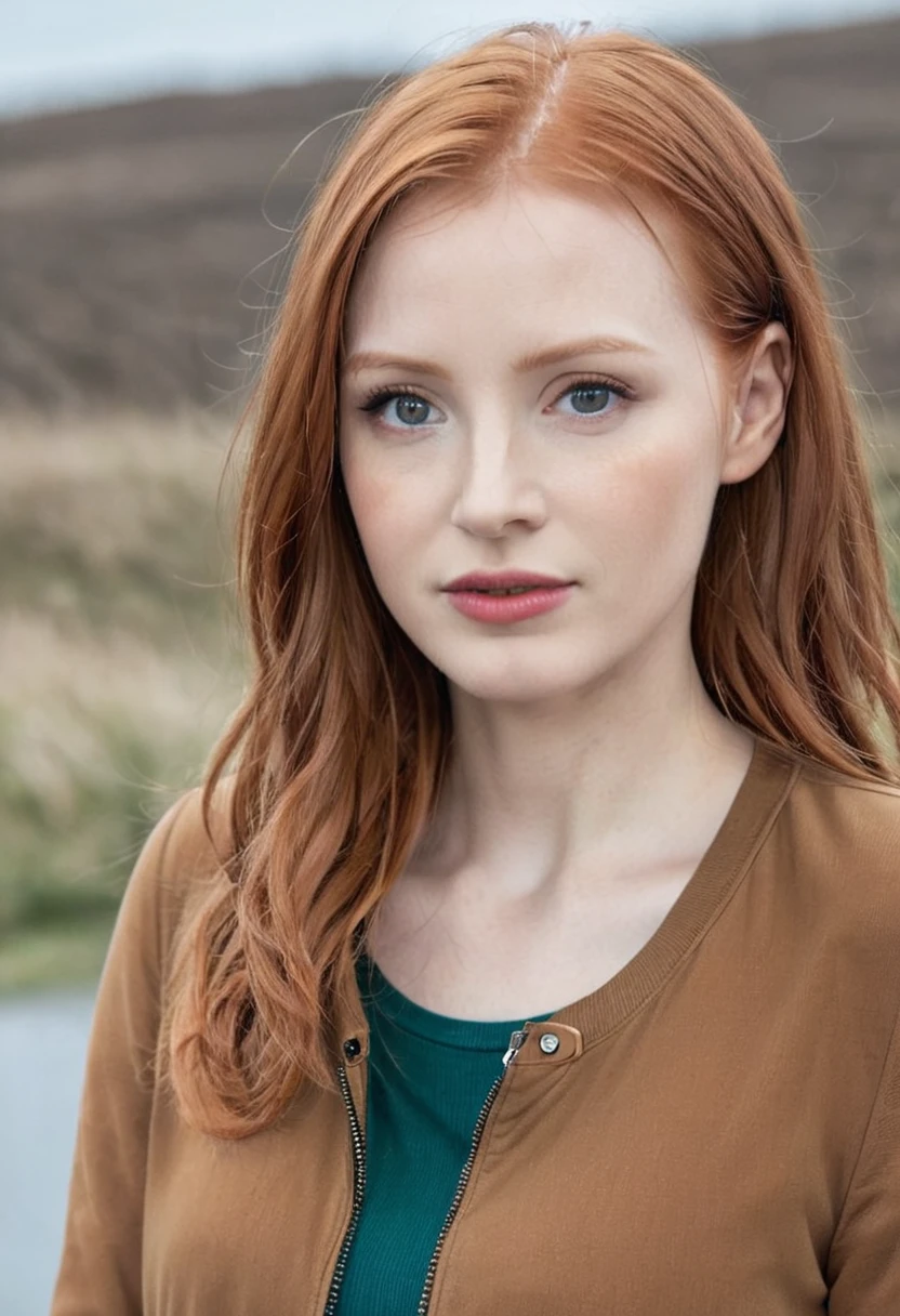 a close up of a woman with red hair and a brown jacket, red hair and attractive features, flowing ginger hair, ginger hair, ginger hair with freckles, copper hair, redhead woman, a redheaded young woman, red head, yelena belova, she has long redorange hair, long glowing red hair, redhead girl, anna nikonova aka newmilky
