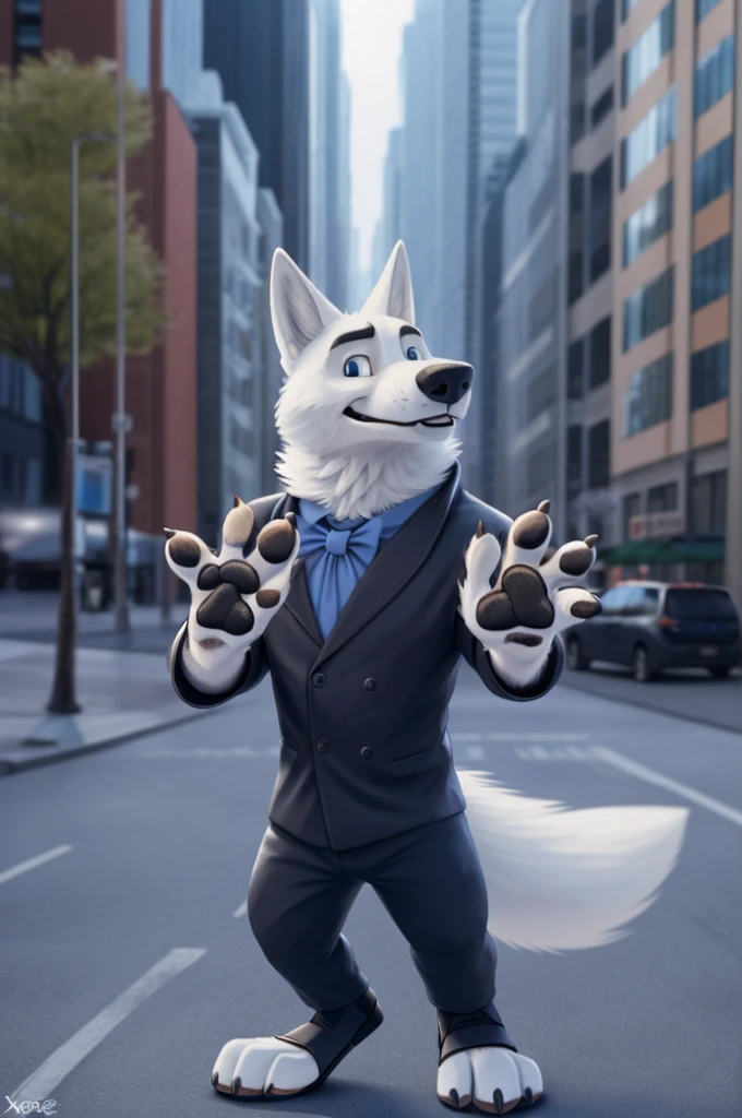 Gary \(Zootopia\), (white body:1.3), white fur, Blue eyes, Zootopia, dressed,blazer,shirt bow tie,trousers,leather strap sandals,thick sole doggy, wolf, detailed fur, male, antro, paw pads, finger claws, waving, waving at viewer, 5 fingers, paws, 4 toes,
BREAK from nextel, for dating, by xenoforge, (difficult, high detail, film photography, soft focus, RAW explicit cinema,
Photorealism, realistic, photorealistic, analog style, Subsurface scattering,
masterpiece, Best quality, ultra realistic, 8 k)