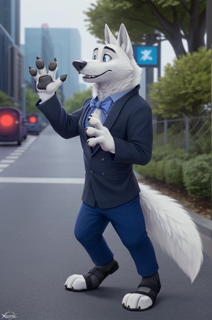 Gary \(Zootopia\), (white body:1.3), white fur, Blue eyes, Zootopia, dressed,blazer,shirt bow tie,trousers,leather strap sandals,thick sole doggy, wolf, detailed fur, male, antro, paw pads, finger claws, waving, waving at viewer, 5 fingers, paws, 4 toes,
BREAK from nextel, for dating, by xenoforge, (difficult, high detail, film photography, soft focus, RAW explicit cinema,
Photorealism, realistic, photorealistic, analog style, Subsurface scattering,
masterpiece, Best quality, ultra realistic, 8 k)
