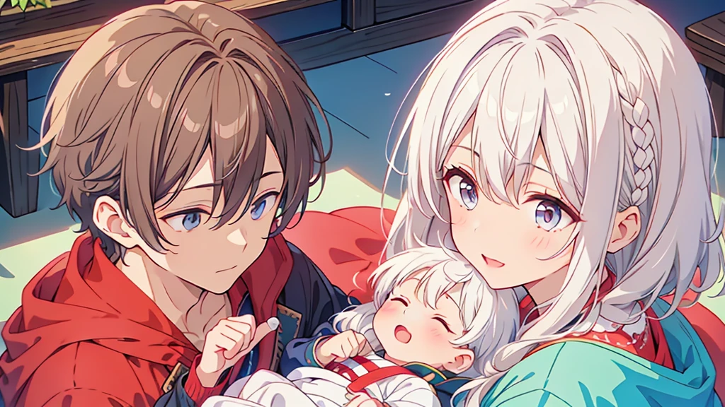 Mother and son、My son is a newborn baby.、The two are white-haired parents and children.、She is happily stroking the baby's cheek.、Heartwarming、happiness、A sparkling world、