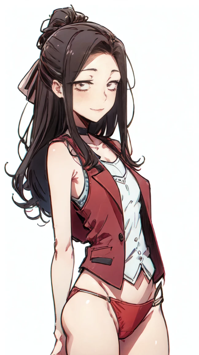 One, 1 girl, (Solid white background:1.3), Saegusa monkey, in a vest and red thong, viewer, smile