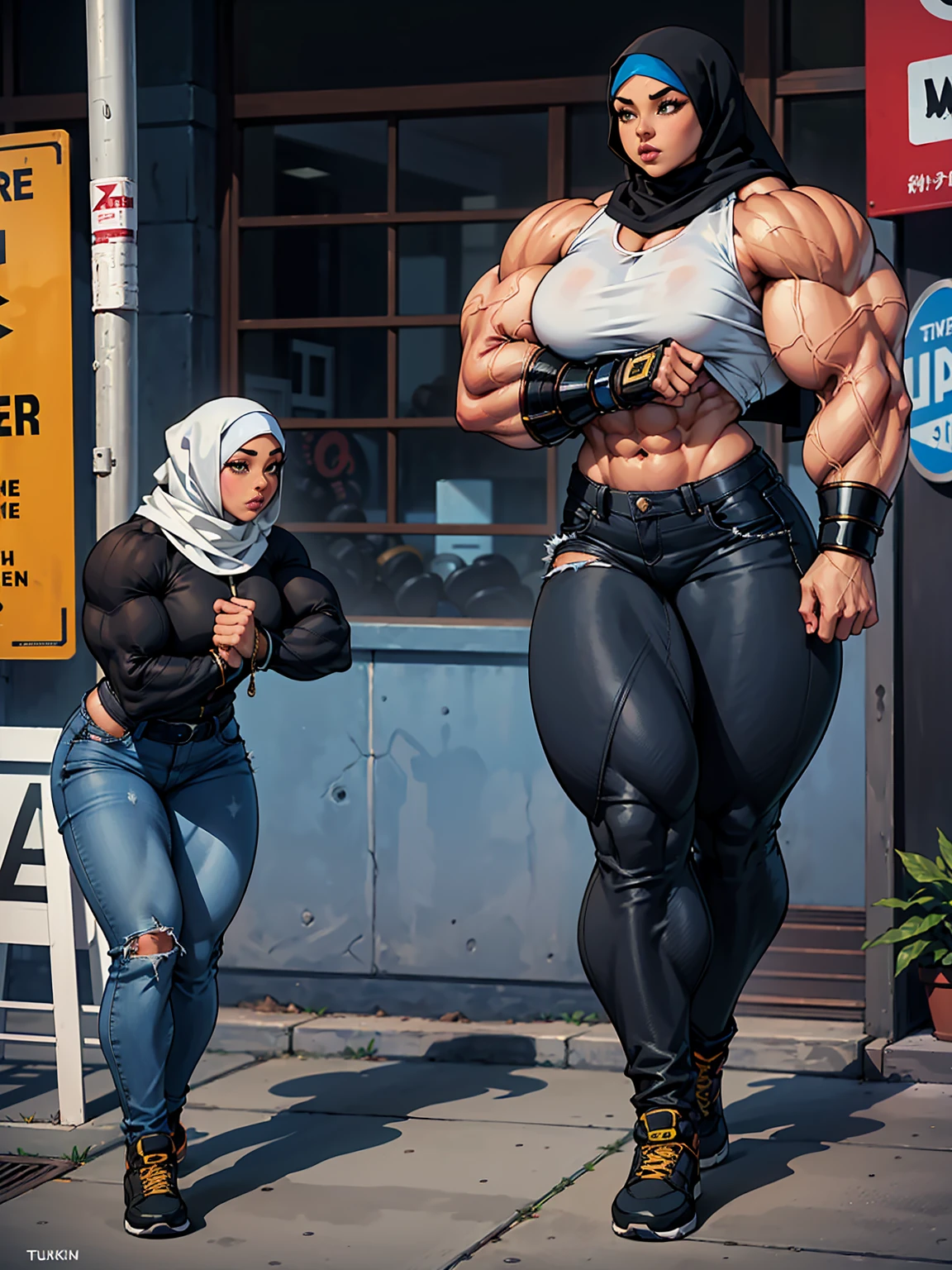 (masterpiece), THICK OUTLINES; a musclim girl with a long hijab and full covered walking at the street, she doesnt show her skin because she is a muslim, black longsleeve, blue jeans, clothes, hyper muscle, body builder, bulky, slight muscle, hyper muscle, body builder, bulky, slight muscle, 1girl, tan, dark skin
