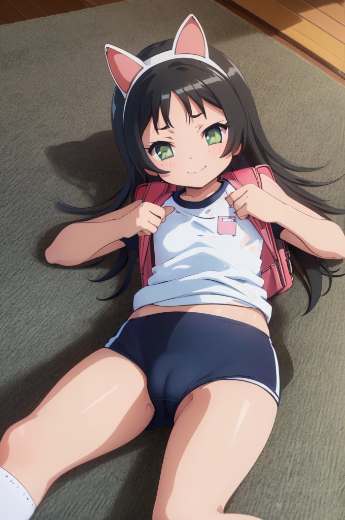 masterpiece, ultra quality, ultra sharp, ultra detailed, 1girl, solo, (good anatomy), haduki kurumi, (tattered torn dripping wet white gym shirt), navy gym pants, animal ears, randoseru, name tag, Japanese anime pose, laugh, BurumaShorts, Buruma, Gym Uniform, (((lying:1.4, spread_legs, legspread, split_legs, spreading legs)), (randoseru backpack:1.4), (((smirk smile))):1.4, buruma, blue buruma, black buruma, (cameltoe), (tattered torn short sleeve white gym uniform with colored hem), (tiny nipples), (white long loose socks), strong lighting, legspread, bukkake, cum on clothes, cum on legs, cum on buruma, cum on bloomers,