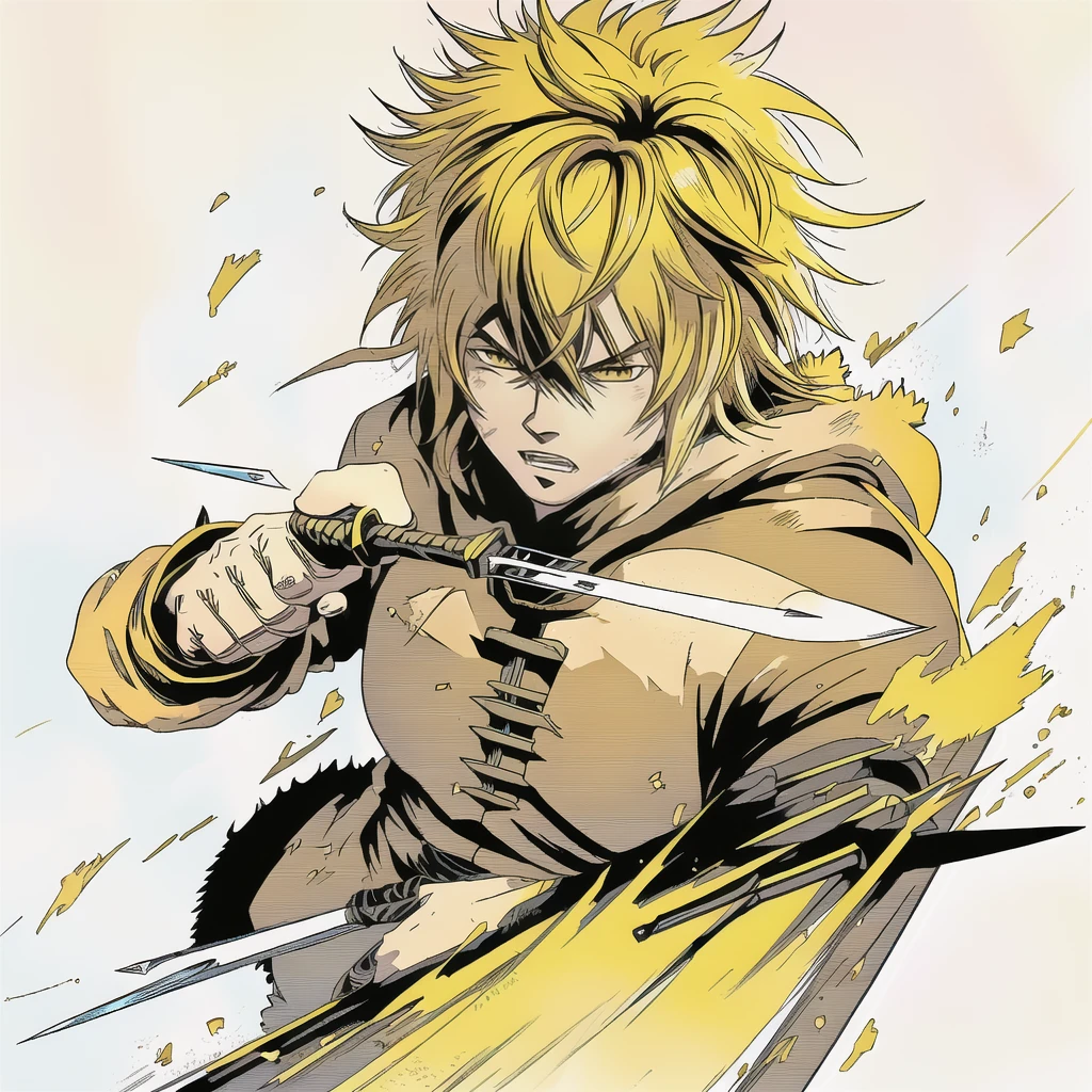 anime character with yellow hair holding a knife in his hand, kentaro miura manga art style, portrait of ninja slayer, key anime art, high quality colored sketch, striking manga artstyle, badass pose, best anime character design, advanced digital anime art ”, ichigo kurosaki, dio brando, genos, shigenori soejima illustration, trigger anime artstyle, thorfinn