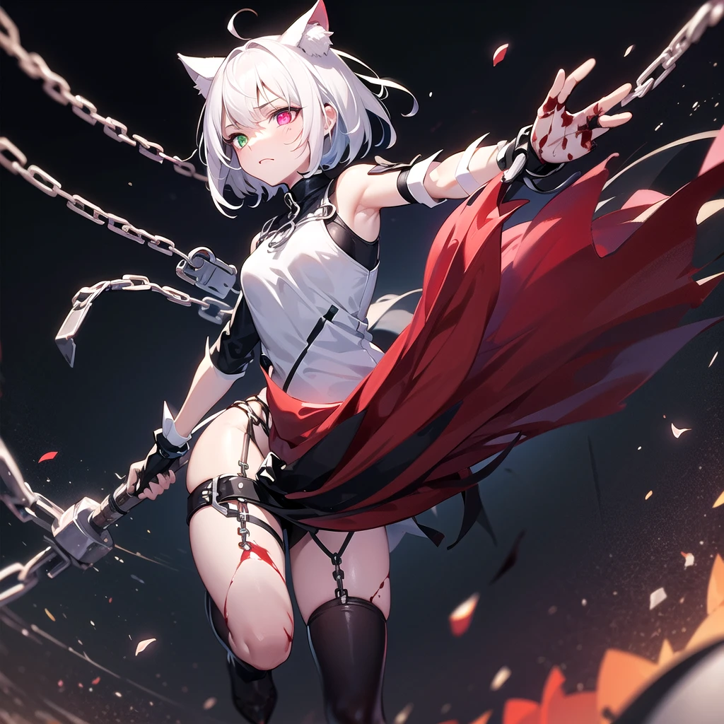  short hair, white hair, cat ears girl, black ribbon, black stockings, large anime sweatshirt, gloves, swinging legs, bottom-up perspective, floating, floating in the air, heterochromia, scars on face, character profile, leg rings, chained, bloody night background, glowing eyes, indifferent expression, wrapped in chains,legs together,Oblique viewing angle,Blood Night,There is a bloody energy ball in the hand,chain,