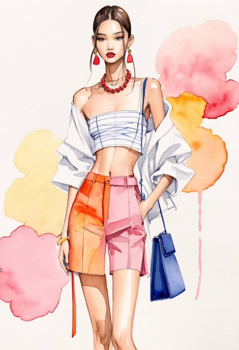 candid fashion illustration of two young mixed male supermodel, both aged 20 year old, ((showcase fashion look book in a White and pink outfits)), inspired by rose flower, in elegant young and chic bohemian style. The man wears an oversized short-sleeved off-white stripe shirt with a minimal lace details, paired with relaxed-fit white Sports pants with Drawstring, He completes his look with white sneakers and round glasses. The 2man complements him in a white thong and cotton woven robe with lace details, He ensemble includes an accessorizes with a brimmed straw bag, pom-pom necklace and white sneakers. Captured in a low angle, ((full-body image)), ((imperfect water color background)), sketching, realistic drawing, ((imperfect water color drawing)), fashion look book, fashion illustrator, sketch design, Jacquemus, Chiangmai,