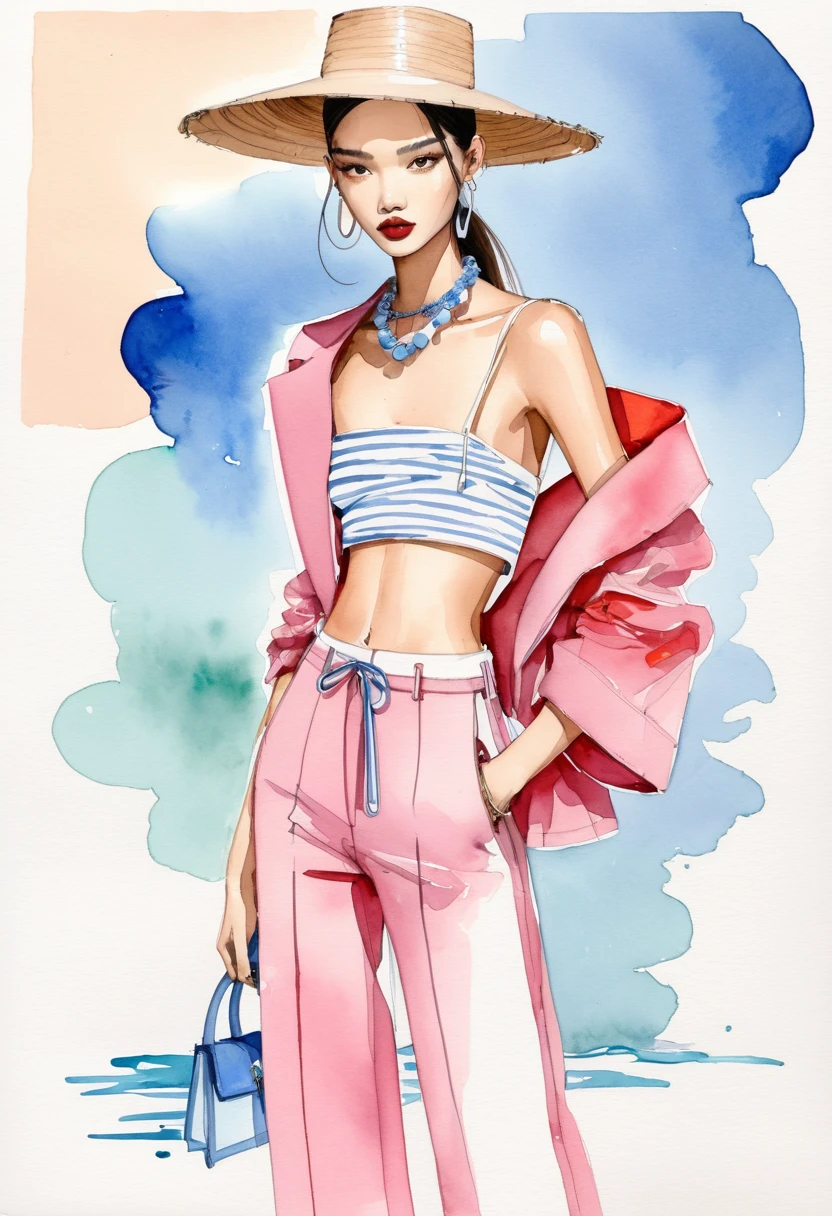 candid fashion illustration of two young mixed male supermodel, both aged 20 year old, ((showcase fashion look book in a White and pink outfits)), inspired by rose flower, in elegant young and chic bohemian style. The man wears an oversized short-sleeved off-white stripe shirt with a minimal lace details, paired with relaxed-fit white Sports pants with Drawstring, He completes his look with white sneakers and round glasses. The 2man complements him in a white thong and cotton woven robe with lace details, He ensemble includes an accessorizes with a brimmed straw bag, pom-pom necklace and white sneakers. Captured in a low angle, ((full-body image)), ((imperfect water color background)), sketching, realistic drawing, ((imperfect water color drawing)), fashion look book, fashion illustrator, sketch design, Jacquemus, Chiangmai,
