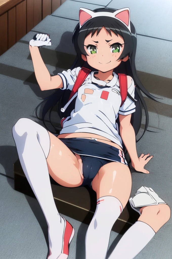 masterpiece, ultra quality, ultra sharp, ultra detailed, 1girl, solo, (good anatomy), haduki kurumi, (tattered torn dripping wet white gym shirt), navy gym pants, animal ears, randoseru, name tag, Japanese anime pose, laugh, BurumaShorts, Buruma, Gym Uniform, (((lying:1.4, spread_legs, legspread, split_legs, spreading legs)), (randoseru backpack:1.4), (((smirk smile))):1.4, buruma, blue buruma, black buruma, (cameltoe), (tattered torn short sleeve white gym uniform with colored hem), (tiny nipples), (white long loose socks), strong lighting, legspread, bukkake, cum on clothes, cum on legs, cum on buruma, cum on bloomers,