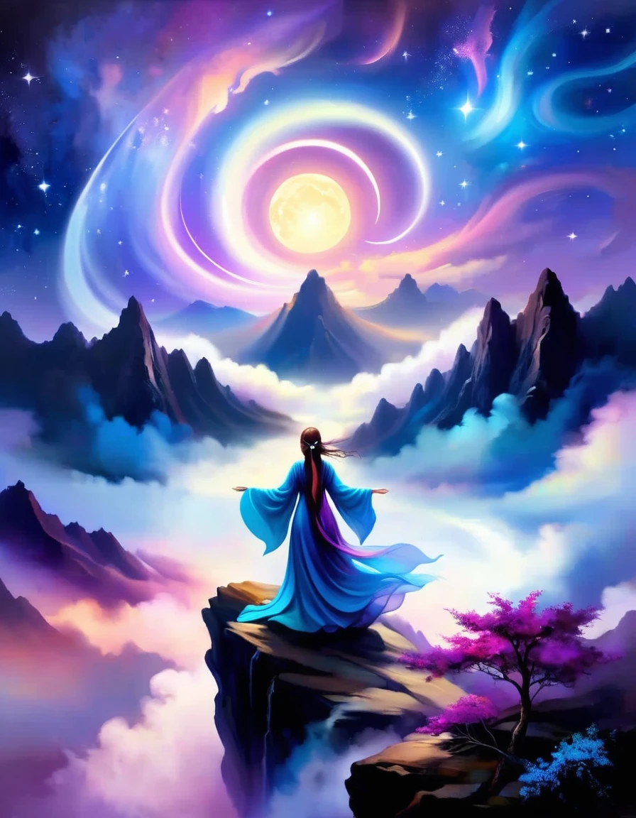 A woman standing on a cliff looking up at the starry sky, Surrounded by a vortex of cosmic energy，Dreamy misty landscape。The figures are dressed in flowing robes.，Blending with the flow of heaven and earth。The sky is a tapestry of deep purples and blues，starlight embellishment，The scenery below suggests softness、Rolling mountains，Astral Ether, Fantastic numbers, ethereal essence, Ethereal fantasy, Ethereal Beauty, Digital Art Fantasy, Beautiful fantasy painting, Beautiful fantasy art, Stunning fantasy art, Inspired by Cyril Rolando (Cyril Rolando), Fantasy art style, Gently rotating magical energy, Fantasy Numbers, Fantasy Numbers艺术, Empty Realm, of Ethereal fantasy