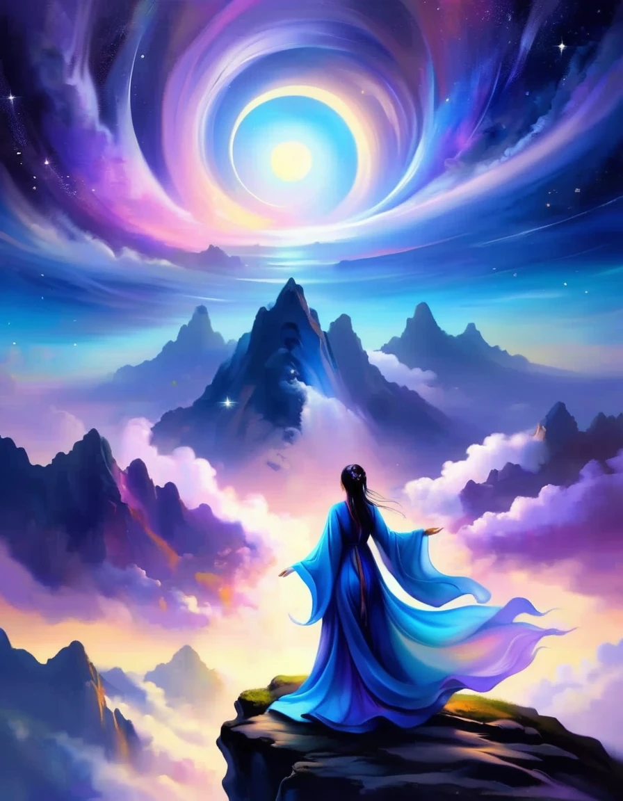 A woman standing on a cliff looking up at the starry sky, Surrounded by a vortex of cosmic energy，Dreamy misty landscape。The figures are dressed in flowing robes.，Blending with the flow of heaven and earth。The sky is a tapestry of deep purples and blues，starlight embellishment，The scenery below suggests softness、Rolling mountains，Astral Ether, Fantastic numbers, ethereal essence, Ethereal fantasy, Ethereal Beauty, Digital Art Fantasy, Beautiful fantasy painting, Beautiful fantasy art, Stunning fantasy art, Inspired by Cyril Rolando (Cyril Rolando), Fantasy art style, Gently rotating magical energy, Fantasy Numbers, Fantasy Numbers艺术, Empty Realm, of Ethereal fantasy