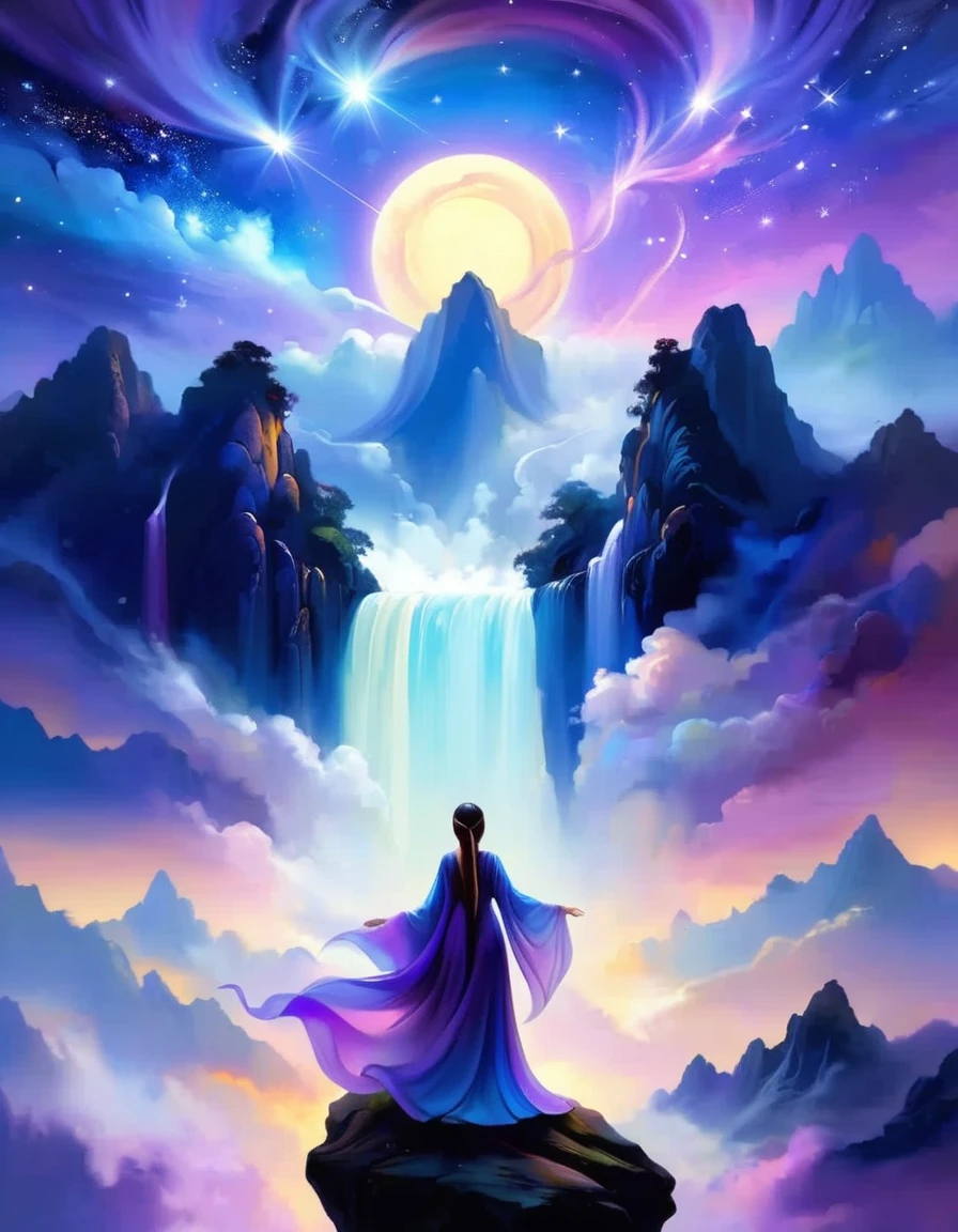 A woman standing on a cliff looking up at the starry sky, Surrounded by a vortex of cosmic energy，Dreamy misty landscape。The figures are dressed in flowing robes.，Blending with the flow of heaven and earth。The sky is a tapestry of deep purples and blues，starlight embellishment，The scenery below suggests softness、Rolling mountains，Astral Ether, Fantastic numbers, ethereal essence, Ethereal fantasy, Ethereal Beauty, Digital Art Fantasy, Beautiful fantasy painting, Beautiful fantasy art, Stunning fantasy art, Inspired by Cyril Rolando (Cyril Rolando), Fantasy art style, Gently rotating magical energy, Fantasy Numbers, Fantasy Numbers艺术, Empty Realm, of Ethereal fantasy