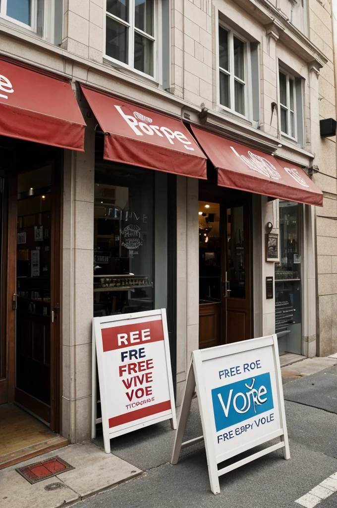 a building that has a sign that says Vore restaurant free preys and that you see people inside the restaurant that have blue marks on their necks and that those people swallow other people that the waiters serve alive and that the people who are swallowed have a red mark on the neck and people who have a distended belly as if they had a person inside them