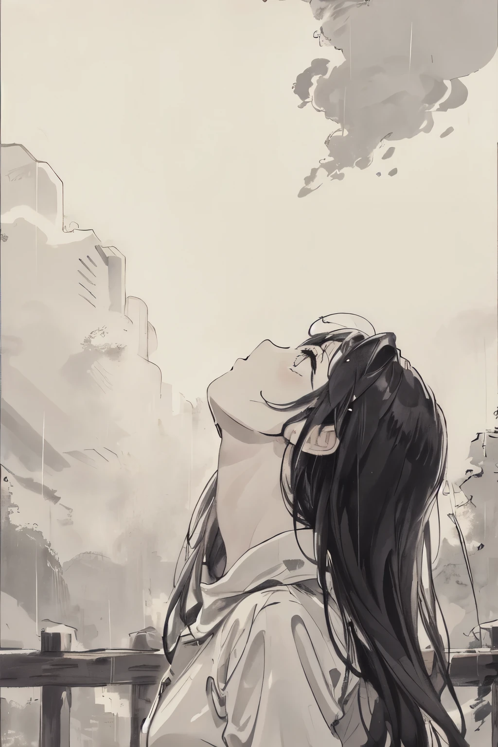 　Woman looking up at the sky,masterpiece,rain