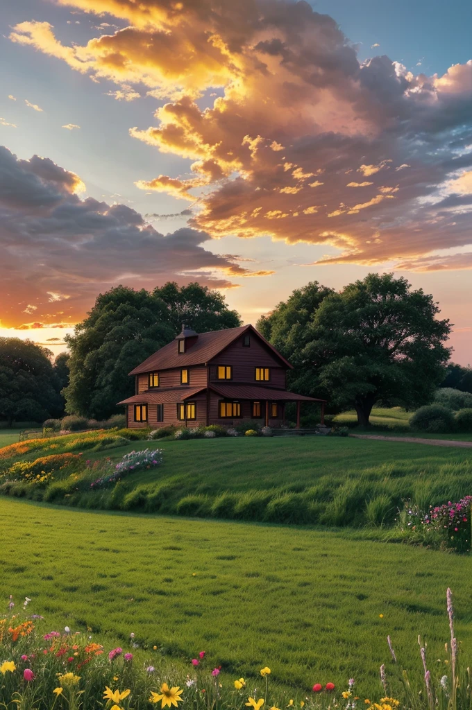 digital artwork depicts a serene rural scene with a small house surrounded by grassy fields and colorful flowers. A large tree stands to the left of the house under a dramatic, vibrant sky filled with orange, red, and yellow clouds, contrasting with patches of deep blue sky. The image is framed by a social media interface, including text and buttons for likes, comments, and following.