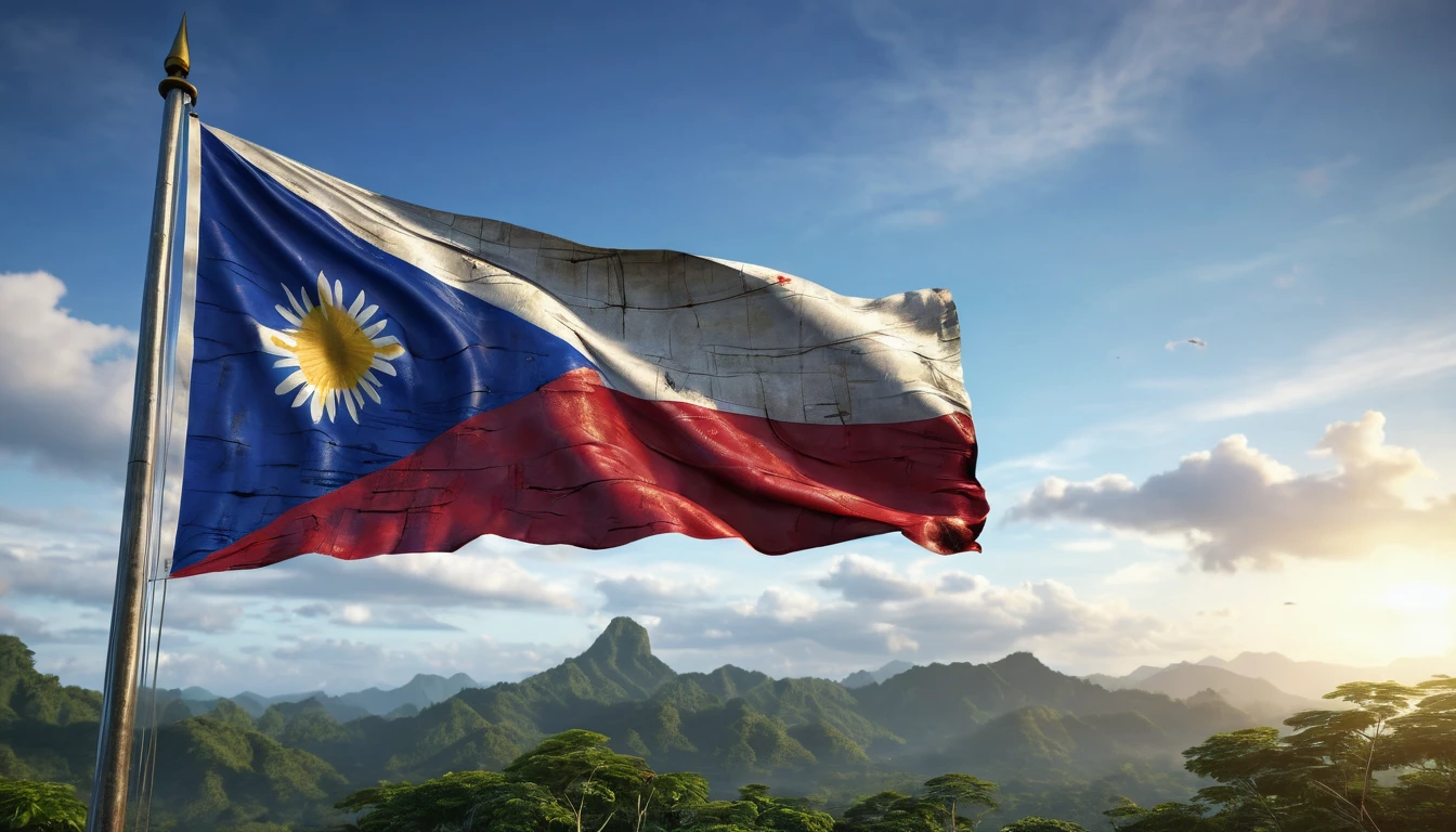 A detailed, highly realistic Philippine flag, symbols of freedom and peace, battle-worn but standing tall, a powerful exchange of ideas and ideals, ultra-high definition, 8k, photorealistic, masterpiece
