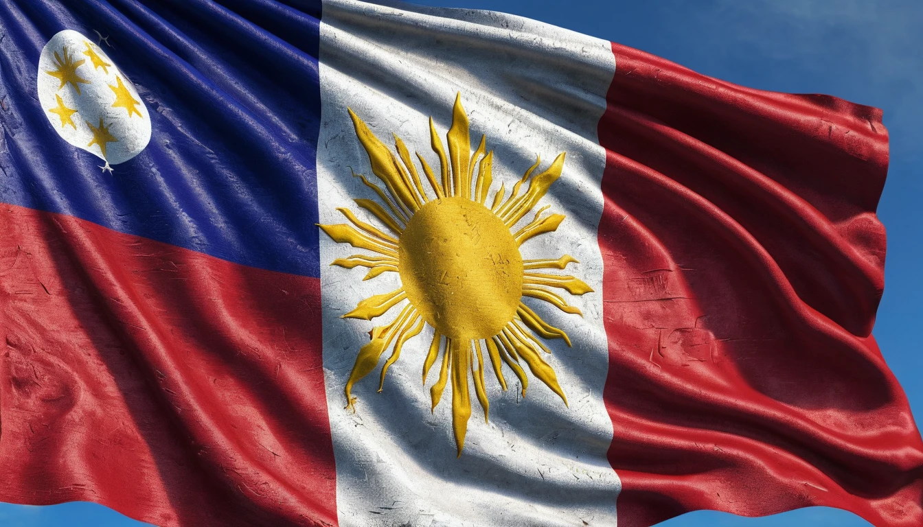 A detailed, highly realistic Philippine flag, symbols of freedom and peace, battle-worn but standing tall, a powerful exchange of ideas and ideals, ultra-high definition, 8k, photorealistic, masterpiece