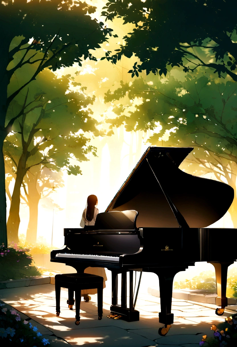 "A high-quality image of a black grand piano with its lid open, showcasing the intricate inner workings of the instrument. The piano is positioned against a plain white background, emphasizing its elegant and glossy finish. The brand"A beautiful scene featuring a black grand piano with its lid open, placed in a serene, sunlit park. The background shows lush green trees, colorful flowers, and a clear blue sky with a few modern buildings visible in the distance. The piano is positioned on a pathway, and the lighting creates a warm, inviting atmosphere with soft shadows. The overall mood is peaceful and inspiring, combining nature with urban elements."