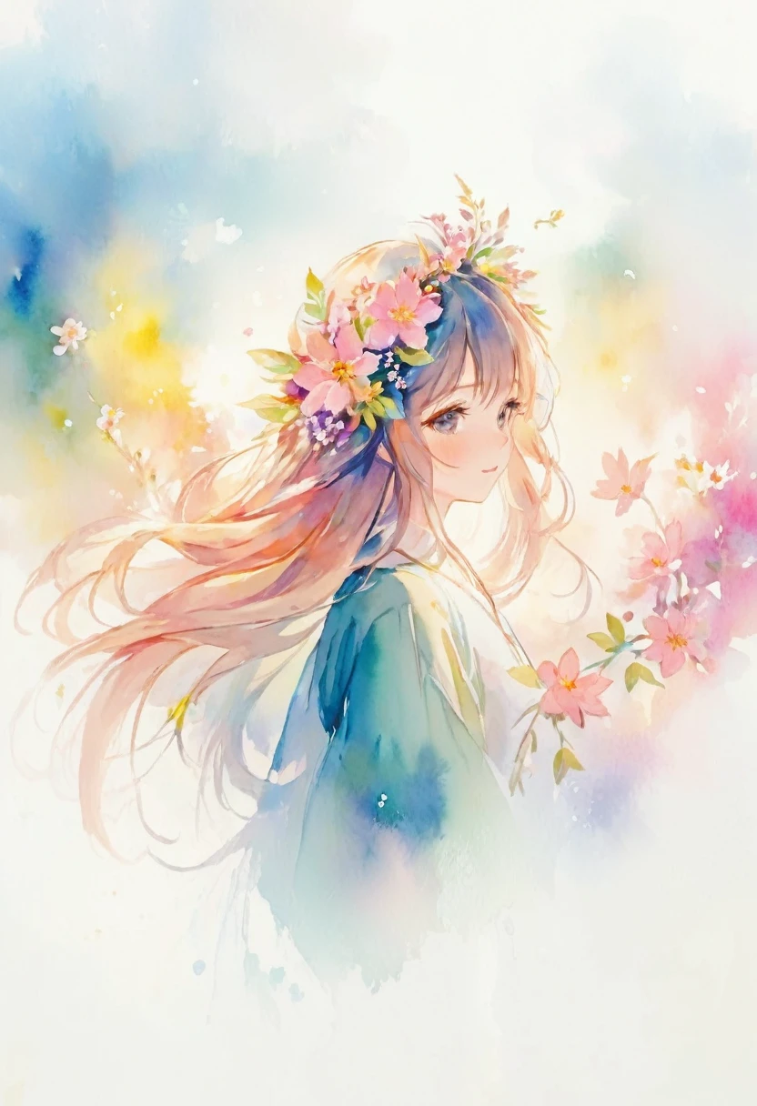 anime girl with flowers in her hair, beautiful anime portrait, beautiful anime, beautiful anime artwork, beautiful anime girl, beautiful anime art, beautiful anime style, profile of anime girl, goddess of spring, anime illustration, soft anime illustration, beautiful anime art style, watercolor illustration style, portrait of cute anime girl, portrait of an anime girl, pretty anime girl, watercolor artstyle、The background color is a little lighter、Hair is semi-long