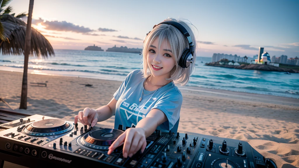 (ultra - detailed, 16K resolution, Cinema lenses, rendering by octane), (high resolution:1.18), intricate detail, (masterpiece:1.1), (highest quality:1.1), (1girl, portrait, white hair, blue eyes, short hair, detailed eyes),Wearing silver DJ headphones, Shiny silver sequined T-shirt, (in the beach:1.5), (Iconic hip-hop pop costumes:1.3), Smile while DJing on stage, DJ studio next to the beach, ((A stylish DJ stage on a hill overlooking the beach)), full body shot, Photorealistic photography by Sunshine, (cute round face:1.3), perfect fingers, five fingers, beautiful hands, perfect hands. master peace, cute smile.
