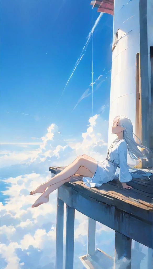 One Girl、highest quality、Masterpiece、A thin tower stretching high into the sky、Cylindrical Tower、sea of clouds、Blue sky、Sitting with legs crossed、Hair blowing in the wind、White Hair、Girl looking into the distance、White clothes、Barefoot、Full body angle、sea of clouds