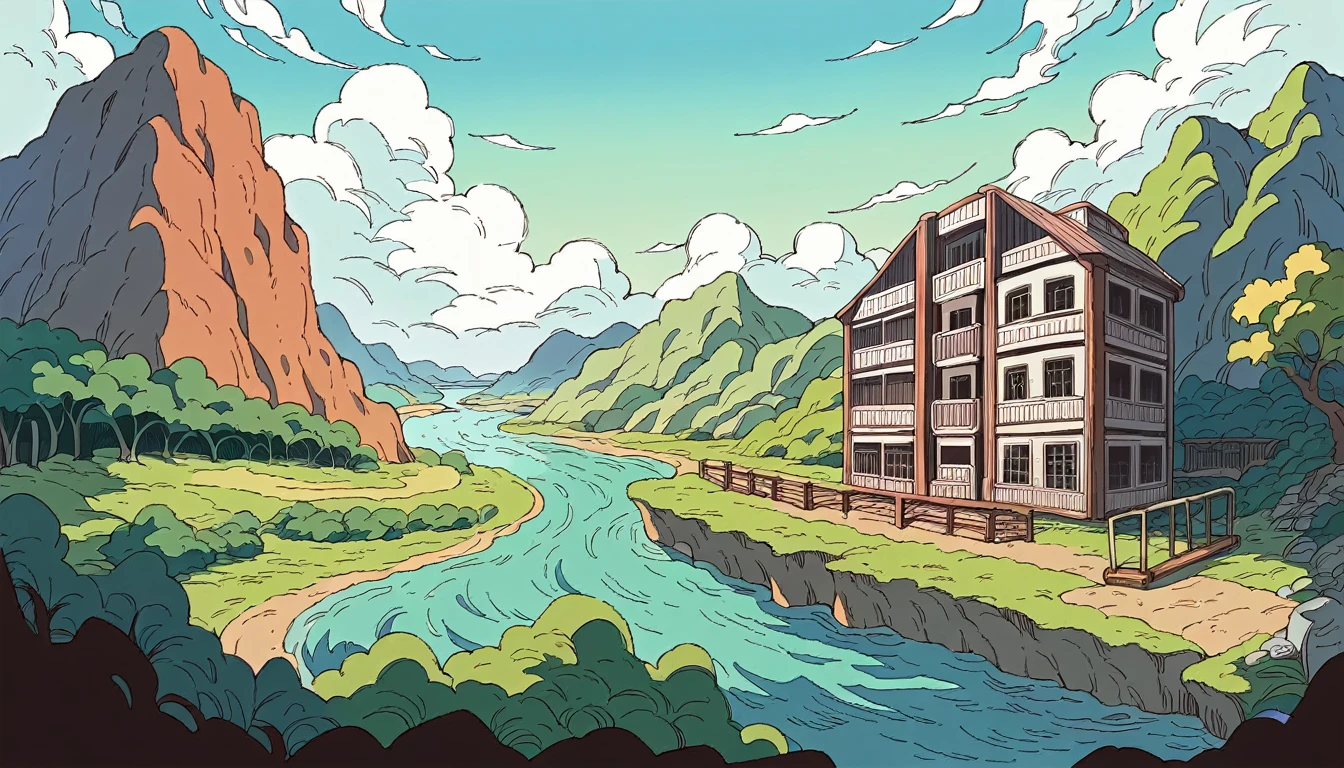 ウォーターパークにはWaterwheelがあり、There is a building in the background, Close-up of magic sluice gate, Waterwheel, Full shot of the landscape, river river rapids, mysterious canyon stream, Twisted waterways, river rapids, When you look to the side, Detailed wide shot, cool, Interaction Angle, Interesting details, Mining Outpost, Half facing left, California;, Subjective photo