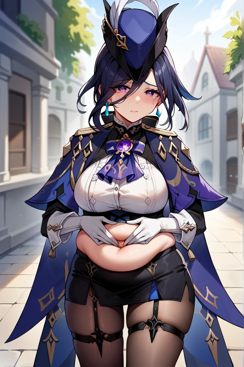 score_9, score_8_up, score_7_up, source anime, 1girl, clorinde \(genshin impact\), tricorne, black pantyhose, earrings, blue cape, white gloves, pencil skirt, white shirt, thigh strap, underbust, ascot, black jacket, depth of field, cowboy shot, sad, crying, looking at viewer, (chubby), chubby belly, fat rolls, belly hang, holding her belly,