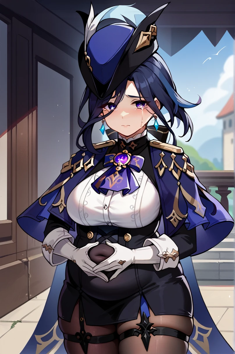 score_9, score_8_up, score_7_up, source anime, 1girl, clorinde \(genshin impact\), tricorne, black pantyhose, earrings, blue cape, white gloves, pencil skirt, white shirt, thigh strap, underbust, ascot, black jacket, depth of field, cowboy shot, sad, crying, looking at viewer, (chubby), chubby belly, fat rolls, belly hang, holding her belly, 