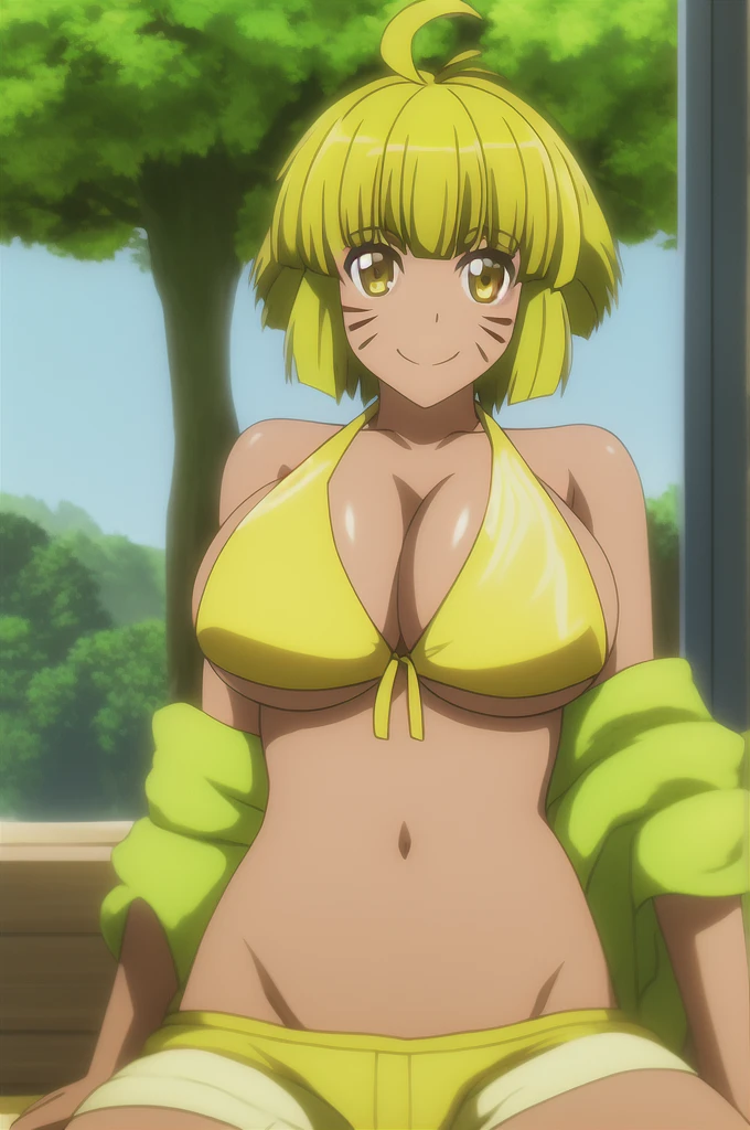 argo, 1girl, solo, breasts, looking_at_viewer, smile, short_hair, blonde_hair, navel, bare_shoulders, brown_eyes, sitting, collarbone, swimsuit, yellow_eyes, upper_body, ahoge, bikini, outdoors, shorts, day, midriff, stomach, tree, crop_top, facial_mark, antenna_hair, yellow_bikini, whisker_markings, yellow_shorts, huge tits, huge breasts, breastsout, microbikini