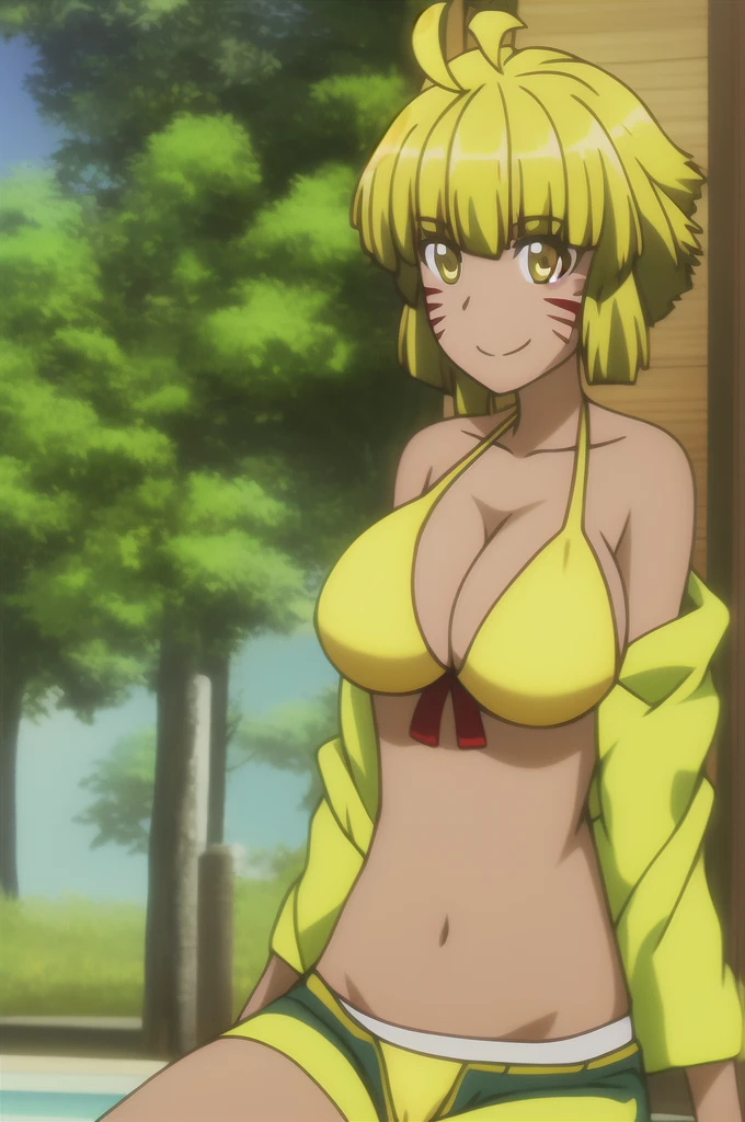 argo, 1girl, solo, breasts, looking_at_viewer, smile, short_hair, blonde_hair, navel, bare_shoulders, brown_eyes, sitting, collarbone, swimsuit, yellow_eyes, upper_body, ahoge, bikini, outdoors, shorts, day, midriff, stomach, tree, crop_top, facial_mark, antenna_hair, yellow_bikini, whisker_markings, yellow_shorts, huge tits, huge breasts, breastsout, microbikini