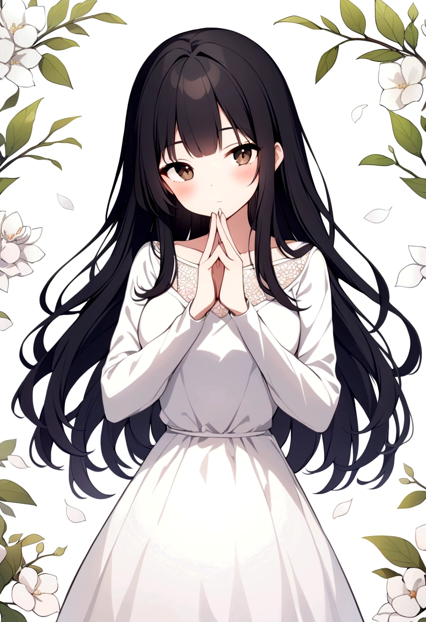 slender, mature female, 1girl, long_hair, solo, dress, very_long_hair, white_dress, collarbone, black_hair, bangs, looking_at_viewer, closed_mouth, blush, long_sleeves, floral_background, brown_eyes, hands_up, standing, cowboy_shot, black_eyes, steepled_fingers, interlocked_fingers, own_hands_together, sleeves_past_elbows, flower, lace, eyebrows_visible_through_hair, leaf, hands_together, sidelocks, fingers_together