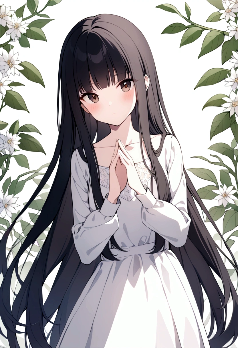 slender, mature female, 1girl, long_hair, solo, dress, very_long_hair, white_dress, collarbone, black_hair, bangs, looking_at_viewer, closed_mouth, blush, long_sleeves, floral_background, brown_eyes, hands_up, standing, cowboy_shot, black_eyes, steepled_fingers, interlocked_fingers, own_hands_together, sleeves_past_elbows, flower, lace, eyebrows_visible_through_hair, leaf, hands_together, sidelocks, fingers_together