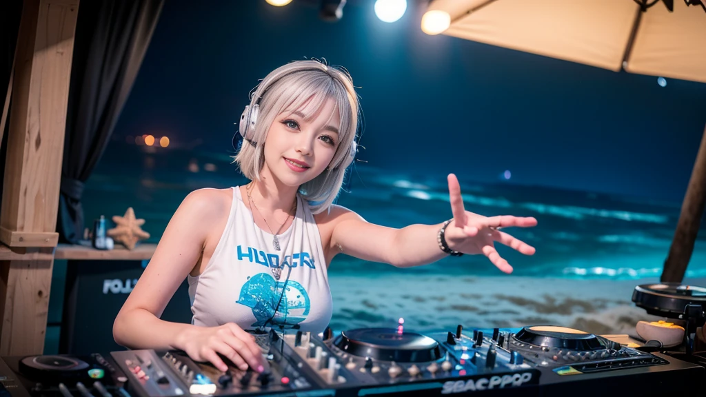 (ultra - detailed, 16K resolution, Cinema lenses, rendering by octane), (high resolution:1.18), intricate detail, (masterpiece:1.1), (highest quality:1.1), (1girl, portrait, white hair, blue eyes, short hair, detailed eyes),Wearing silver DJ headphones, Shiny silver sequined T-shirt, (in the beach:1.5), (Iconic hip-hop pop costumes:1.3), Smile while DJing on stage, DJ studio next to the beach, ((A stylish DJ stage on a hill overlooking the beach)), full body shot, Photorealistic photography by Sunshine, (cute round face:1.3), perfect fingers, five fingers, beautiful hands, perfect hands. master peace, cute smile.