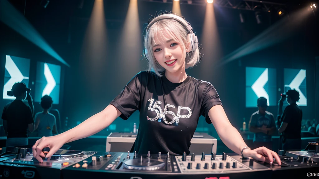(ultra - detailed, 16K resolution, Cinema lenses, rendering by octane), (high resolution:1.18), intricate detail, (masterpiece:1.1), (highest quality:1.1), (1girl, portrait, white hair, blue eyes, short hair, detailed eyes),Wearing silver DJ headphones, Shiny silver sequined T-shirt, (in the beach:1.5), (Iconic hip-hop pop costumes:1.3), Smile while DJing on stage, DJ studio next to the beach, ((A stylish DJ stage on a hill overlooking the beach)), full body shot, Photorealistic photography by Sunshine, (cute round face:1.3), perfect fingers, five fingers, beautiful hands, perfect hands. master peace, cute smile.